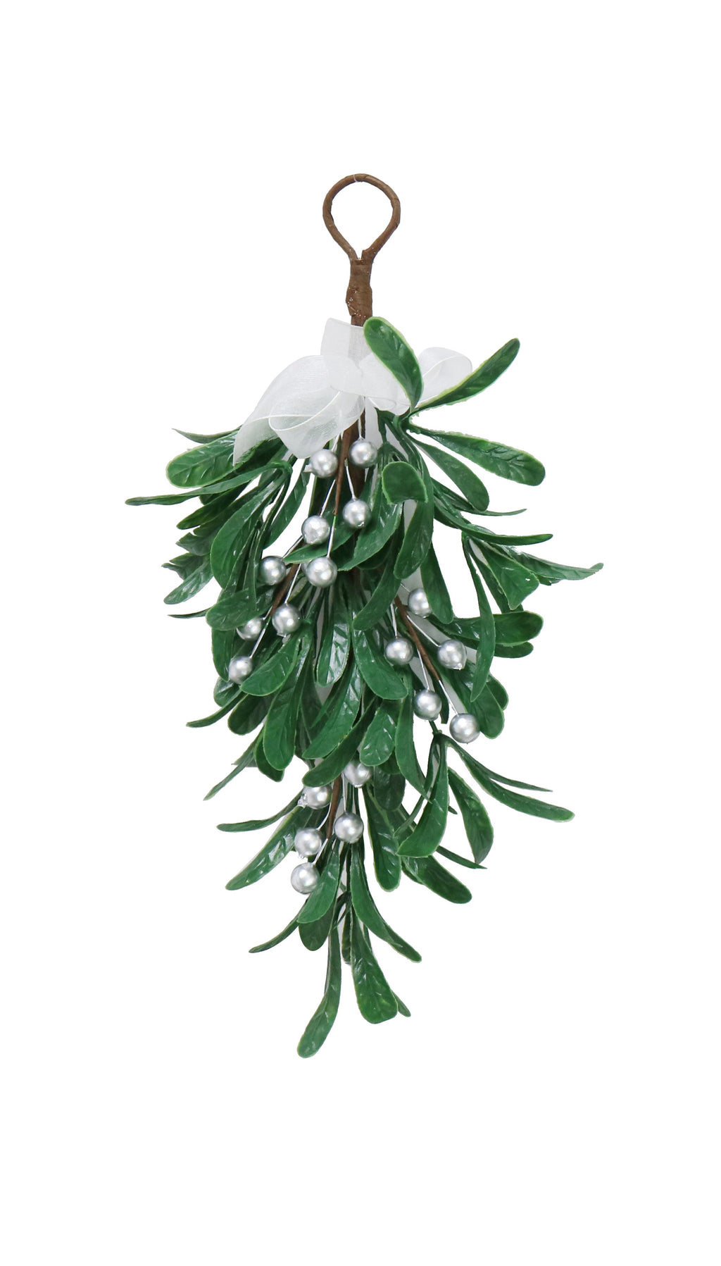 Christmas Hanging Decoration - Mistletoe With Silver Berries and Silver Bow, 35cm, 1pc