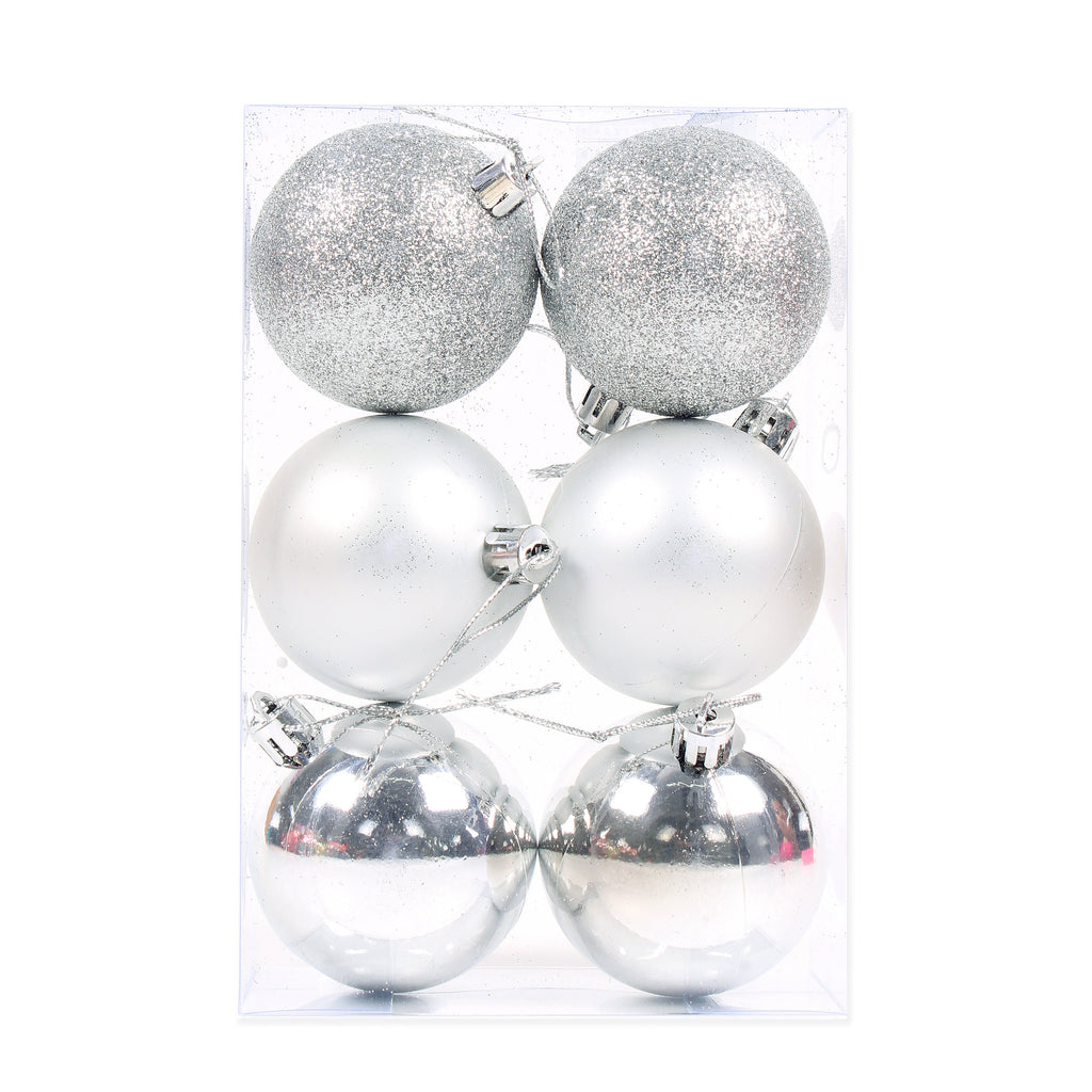 Christmas Tree Decoration Baubles Silver(Matte, Glossy & Glitter) 6pc Acetate