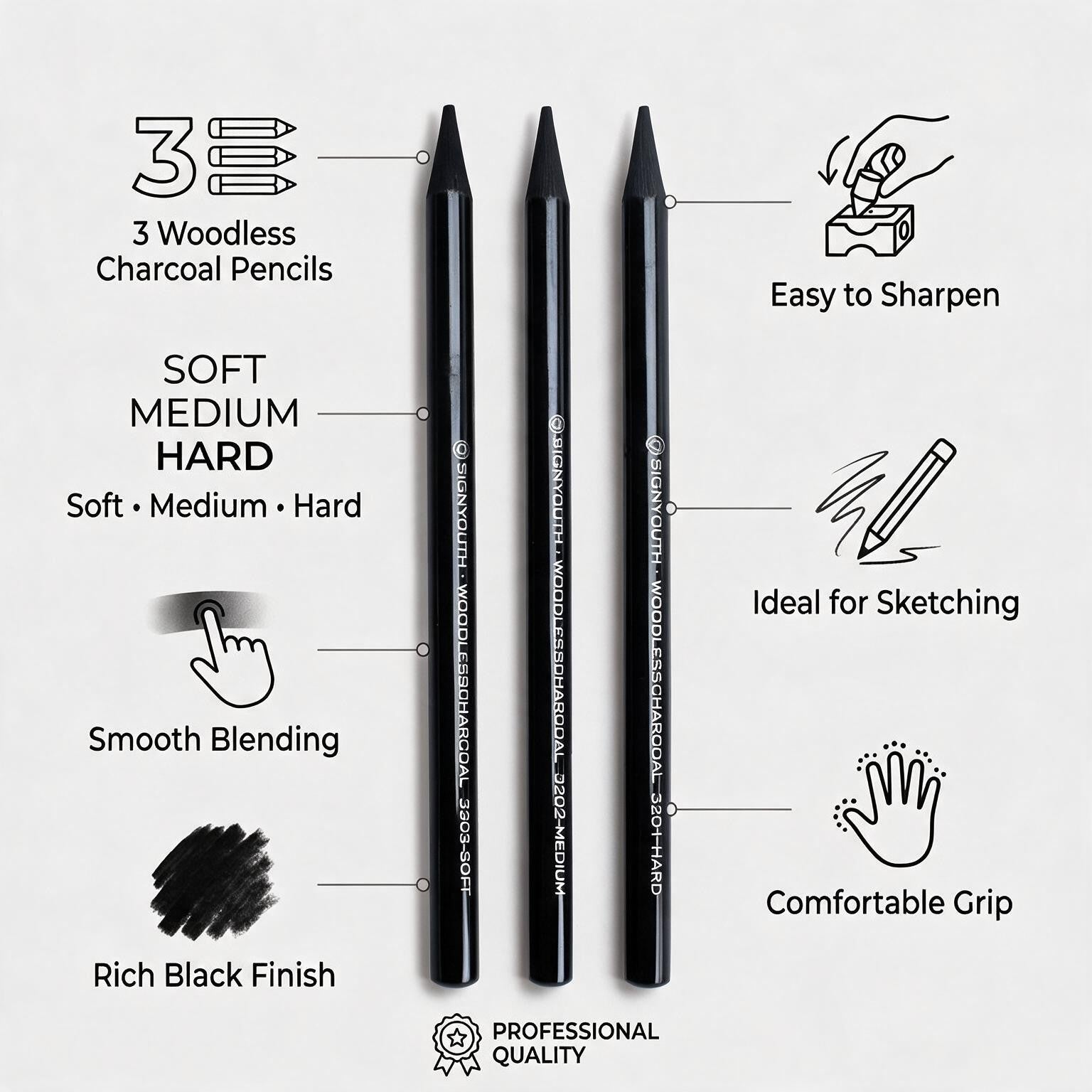 Woodless Charcoal Pencils Soft, Medium and Hard Set of 3pcs Blister